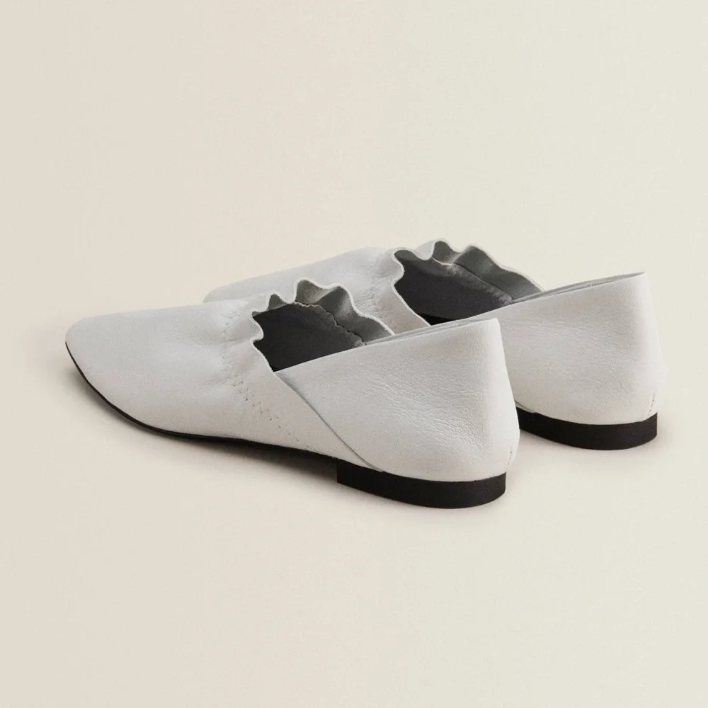 ZARA White Leather Babouches with Ruffle Trim